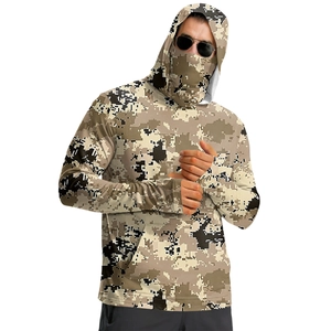 Detail of pixel camo sun protection hoodie with integrated face mask and neck guard