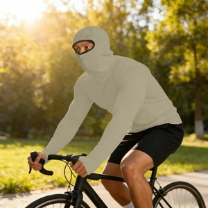 Detail of light khaki sun protection hoodie with full face shield for outdoor cycling