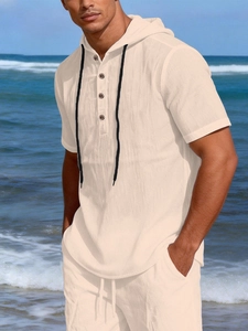 Men's linen vacation set featuring a hooded short-sleeve shirt with drawstring detail