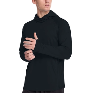 Detailed view of black sun protection jacket featuring thumbholes and raglan sleeves