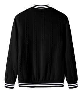 Detailed view of black textured baseball collar jacket with striped ribbed cuffs and hem