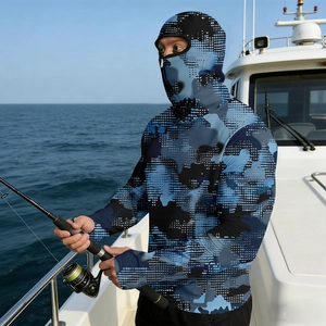 Men's camouflage ice silk sun protection fishing jacket with integrated hood and mask