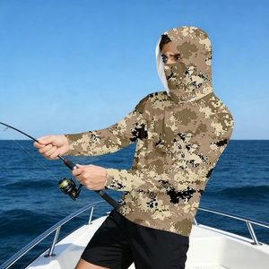 Detail of digital desert camo sun protection hoodie with integrated face mask for fishing