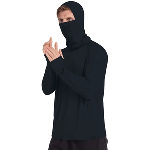 Detail view of black sun protection jacket featuring integrated balaclava face mask and thumbholes