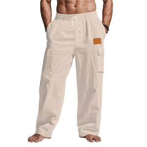 Pantalon cargo décontracté pour homme en lin et coton avec cordon de serrage beige