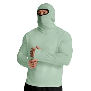 Detail of light green sun protection jacket featuring a hooded face mask and thumb hole cuffs