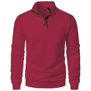 Detailed view of dark red knit polo collar with three buttons and brown fleece lining detail