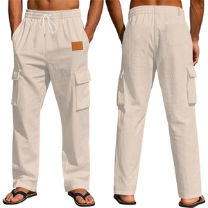 Détails du pantalon de plage en lin pour hommes avec cordon et poches cargo
