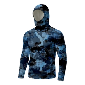 Close-up of camouflage sun protection hoodie with built-in face mask and half-zipper