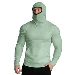 Detail of light green cooling sun protection jacket with full-face hood mask for men