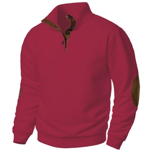 Detailed view of men stand collar knit cardigan with brown suede elbow patches in burgundy
