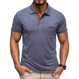 Herren Casual Kurzarm Polohemd Kontrastbesatz Brusttasche Baumwollmischung Melierte Strickware Slim Fit Atmungsaktiv Top