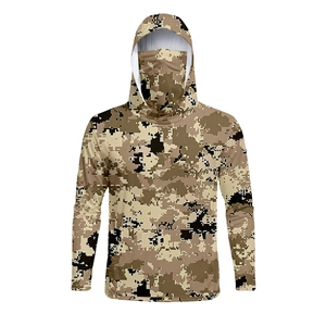 Detailed close-up of tactical sun protection jacket featuring digital camouflage and hood
