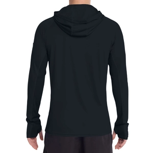Detail view of men's lightweight sun protection hoodie showing back seams and thumbholes