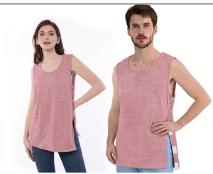Detail of pink knitted adaptive shirt with side snaps and open slits for easy surgery recovery