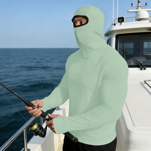 Men's light green ice silk sun protection fishing jacket with integrated face mask