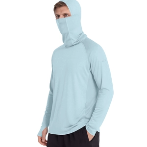 Detail view of light blue sun protection jacket with integrated face mask and hood