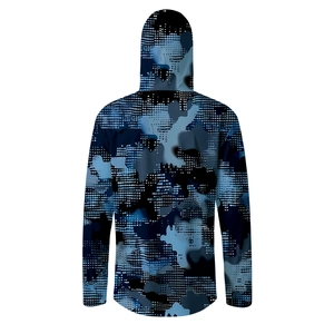 Detail view of hooded sun protection jacket with blue digital camouflage pattern back