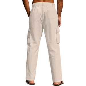 Vue arrière du pantalon cargo en lin beige décontracté avec taille élastique à cordon