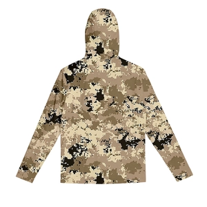Rear view of lightweight digital camouflage sun protection hoodie with ribbed cuffs