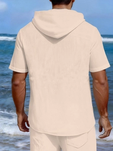 Detailed back view of a men's linen beach set with hood in light beige summer style