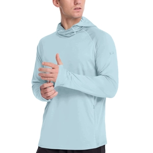 Detail of light blue sun protection jacket featuring thumb holes and drawstring hood