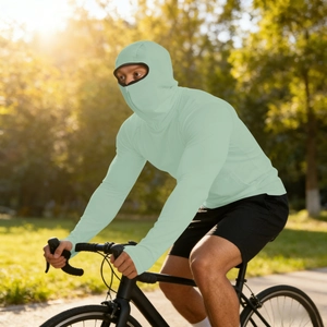Men's mint green ice silk sun protection hoodie with face mask for outdoor cycling