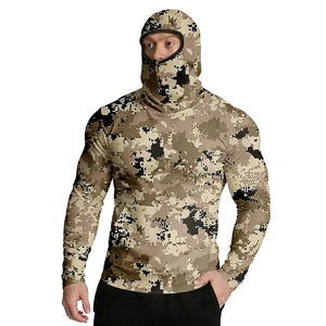 Detail of hooded camouflage sun protection jacket with integrated face mask for men