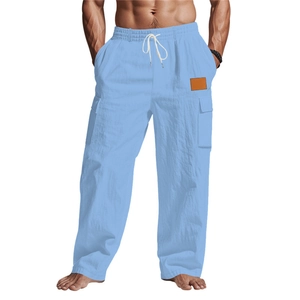 Pantalon homme respirant bleu ciel en coton et lin avec poches cargo et cordon de serrage