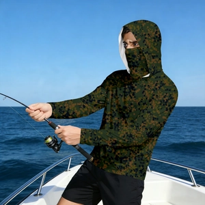 Detail of camouflaged sun protection jacket with integrated face mask for outdoor fishing