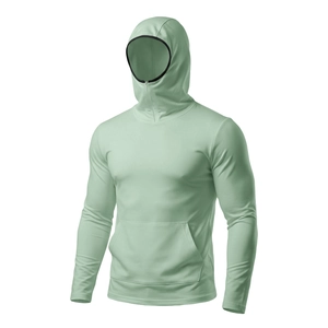 Detail view of mint green hooded sun protection jacket with breathable texture and pocket