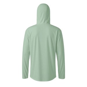 Rear view of lightweight ice silk sun protection hoodie in light green for outdoor fishing