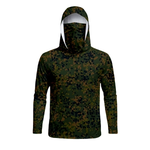 Detail of camouflaged sun protection hoodie featuring an integrated face mask and high-breathability