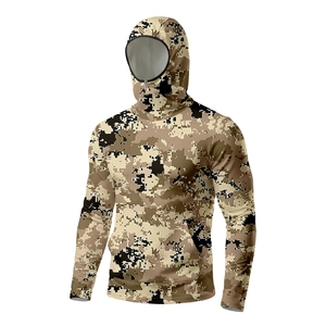 Detail of desert camo tactical sun hoodie featuring an integrated protective face mask design