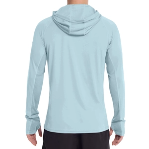 Back view of light blue sun protection hoodie featuring breathable mesh panels and thumb holes