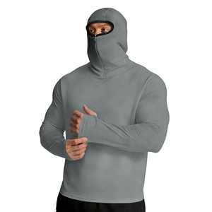 Detail of grey men's sun protection hoodie with integrated face mask and thumbholes