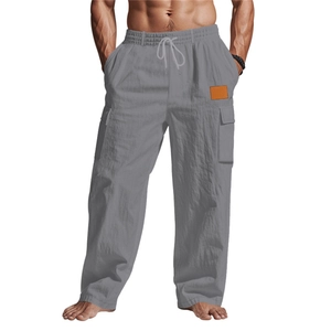 Pantalon cargo décontracté en lin gris pour homme avec cordon de serrage et poches latérales