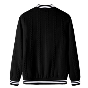 Back view of men's black knit baseball jacket with stripe ribbing and cable texture
