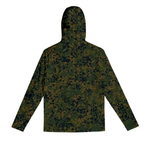 Back view of digital camo outdoor sun protection hoodie in breathable olive green fabric