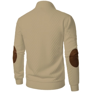 Detailed back view of knit cardigan featuring vintage brown elbow patches and ribbed cuffs