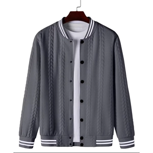 Men's dark grey jacquard bomber jacket with classic ribbed stripes and button closure