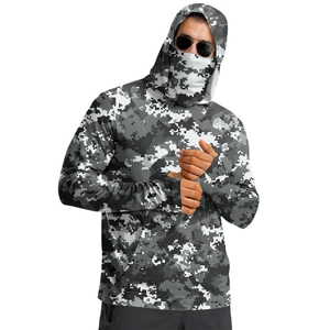 Detail view of digital camouflage sun protection shirt with face mask and thumb holes