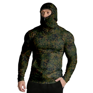 Detail of hooded sun protection shirt with integrated mask in forest digital camo