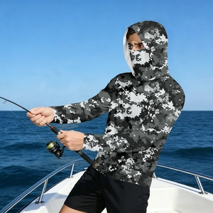 Detail of hooded fishing shirt featuring digital camouflage and integrated face mask