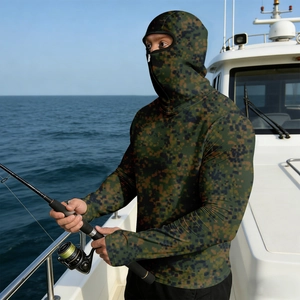 Detail of hooded fishing shirt with digital camo pattern and sun protection mask