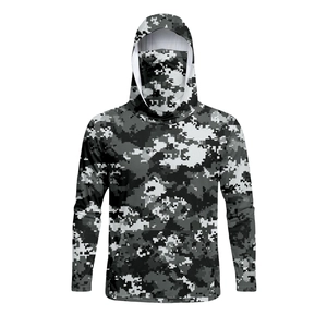 Detail of digital camo sun protection jacket featuring integrated face mask and hood