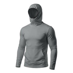 Detailed view of grey ice silk sun protection hoodie with face shield and kangaroo pocket