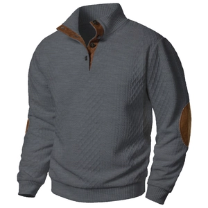 Detail of men's stand collar sweatshirt with diamond quilted texture and suede elbow patches