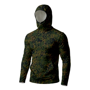 Detail of hooded camouflage sun protection jacket with digital pixel pattern