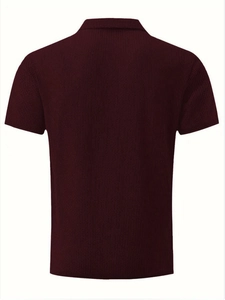 Rear view of burgundy knit polo shirt featuring vertical ribbed texture and premium finish